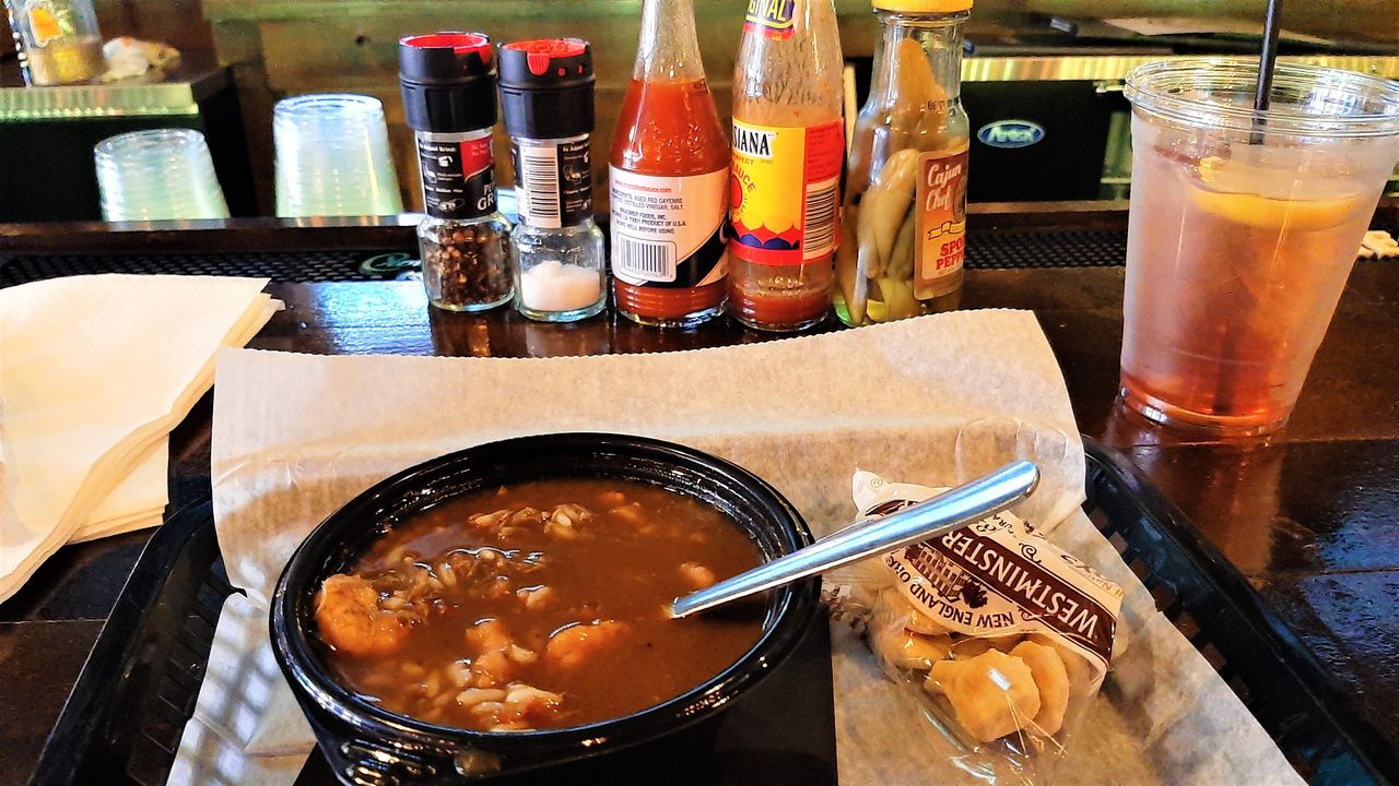 A hearty bowl of gumbo at Debris Po-Boys in downtown Mobile comes with your choice of hot sauce.