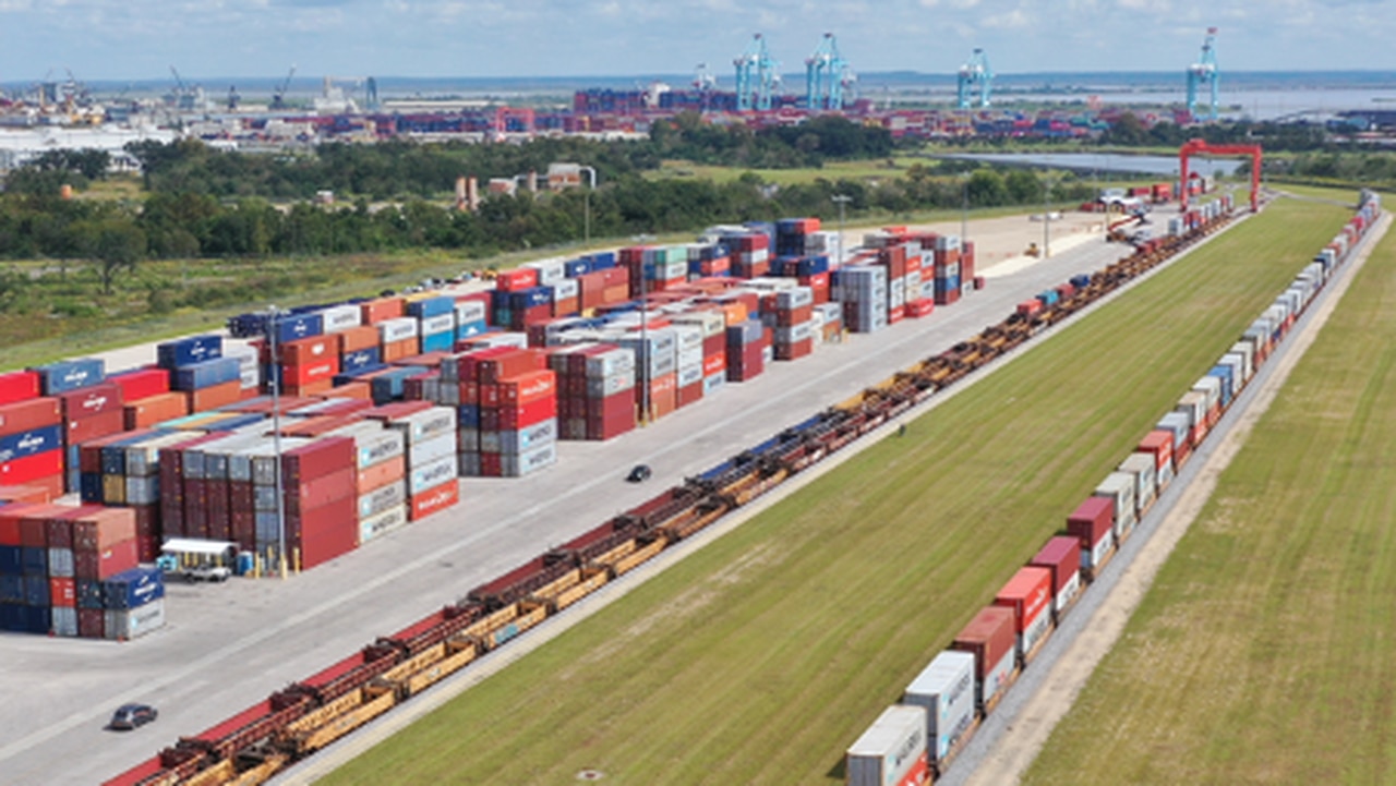 A few of the Intermodal Container Transfer Facility at the Port of Mobile. The ICTF transfers shipping containers to and from rail cars.