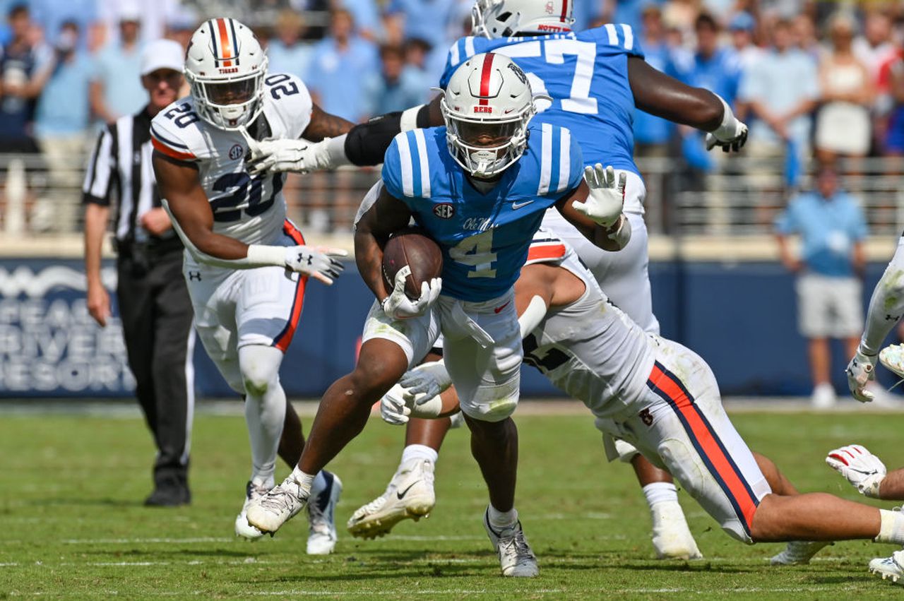 Ole Miss running back Quinshon Judkins carries the football