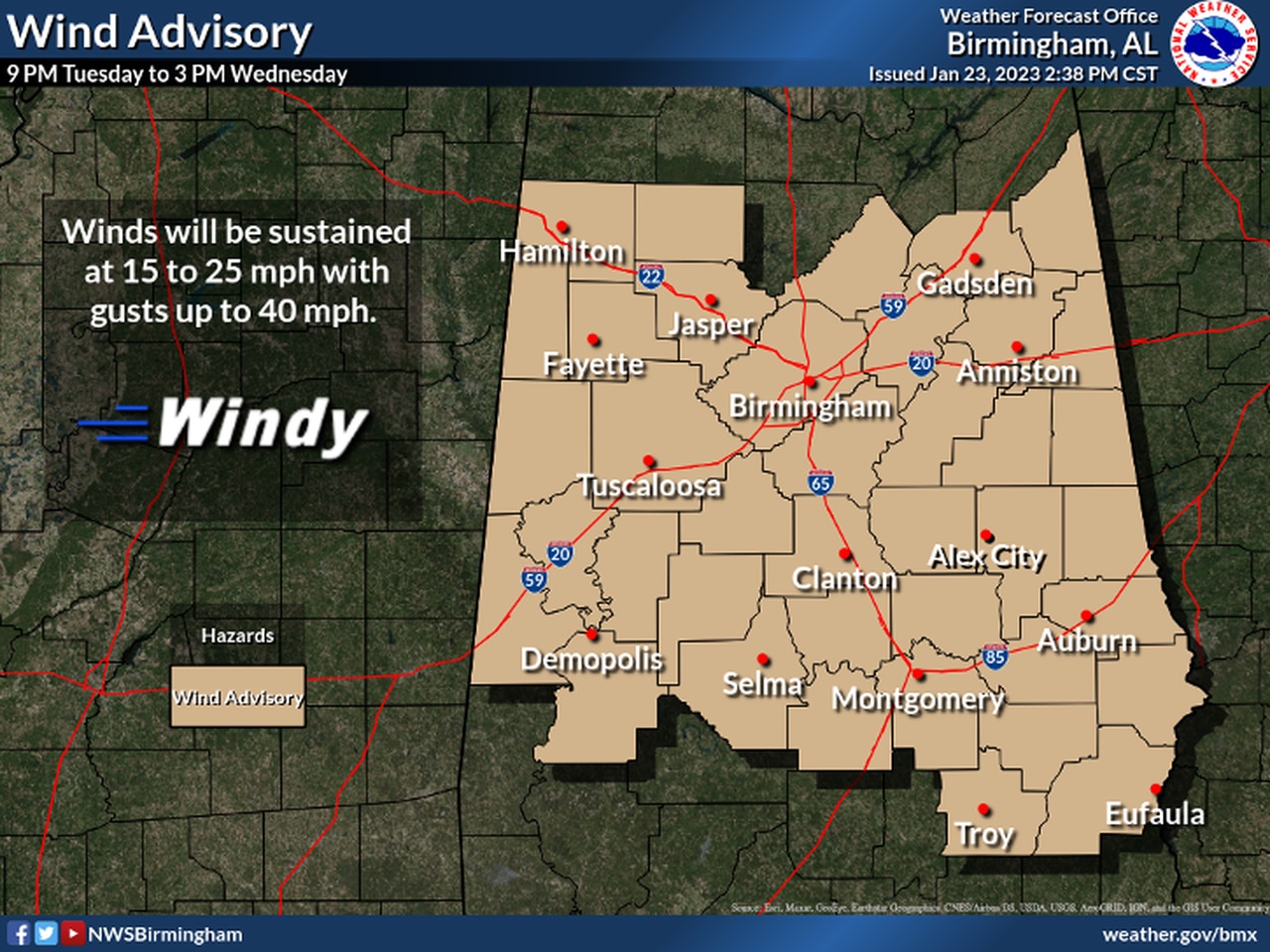 Central Alabama wind advisory