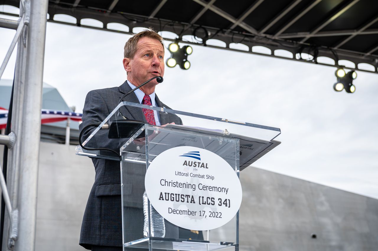 Larry Ryder, Austal USA’s vice president for business development and external affairs, speaks at the christening of a Littoral Combat Ship in December.