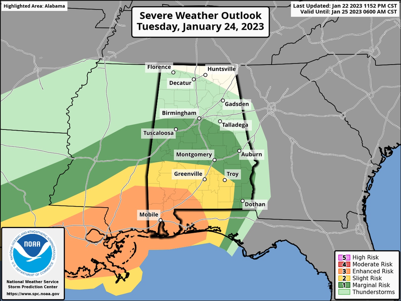 Level 3 risk for severe weather for Alabama on Tuesday