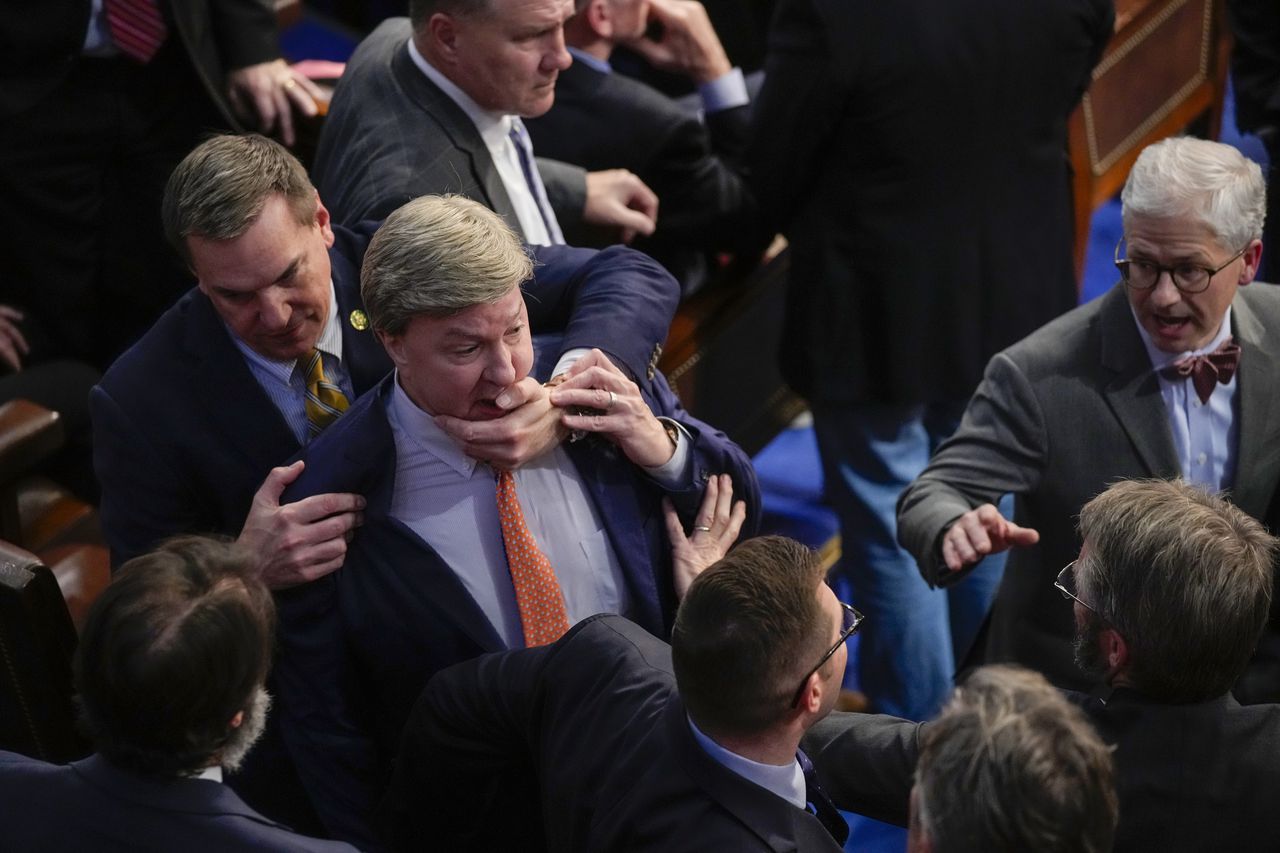 Mike Rogers restrained in angry confrontation with Matt Gaetz over speaker vote