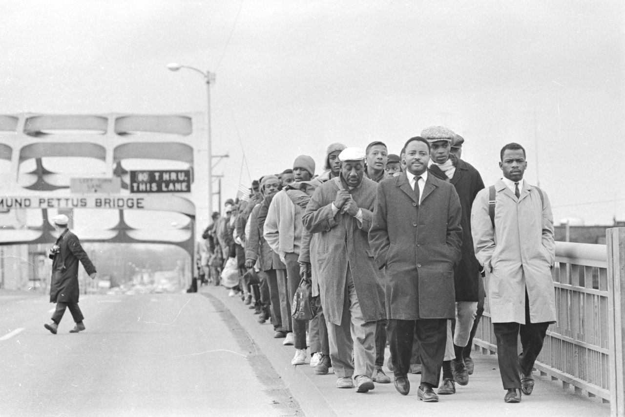 Hosea Williams and John Lewis leading marchers across the Edmund Pettus Bridge in Selma, Alabama, on Bloody Sunday.