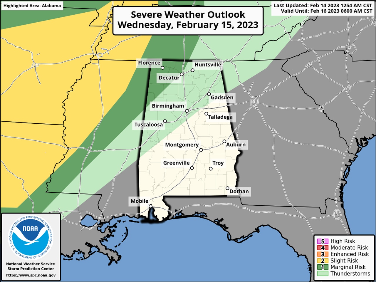 Level 2 risk for severe weather for Alabama on Thursday