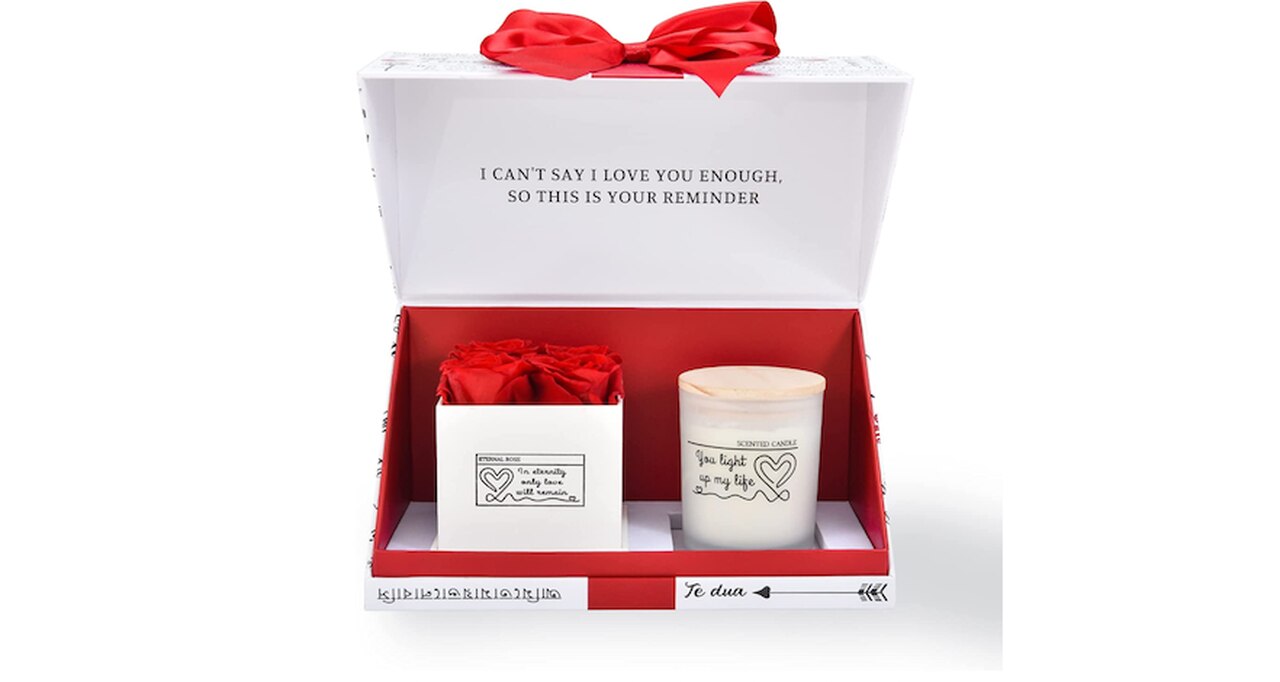 Netada Valentines Day Preserved Roses & Scented Candle Gift Set