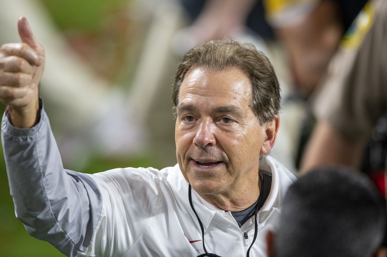 Alabama football coach Nick Saban gives a new kind of pep talk