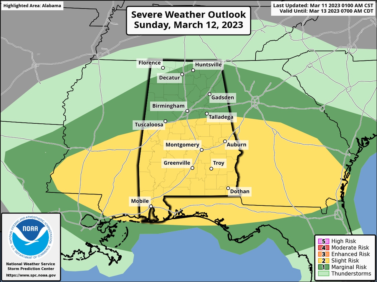 Scattered severe storms possible in Alabama on Sunday