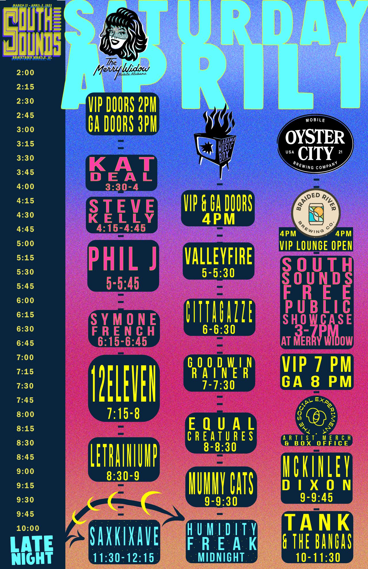 Saturday schedule for the 2023 SouthSounds Music Fest.