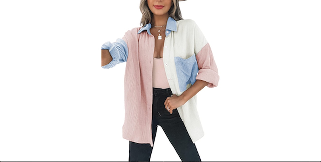 Dokotoo Womens Color Block Button Down Shirt