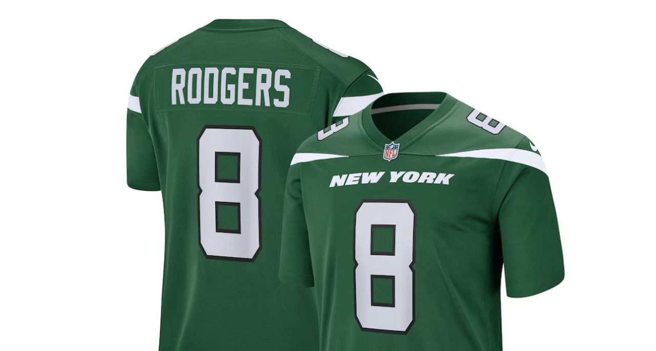 Aaron Rodgers’ No. 8 New York Jets jersey now available at Fanatics