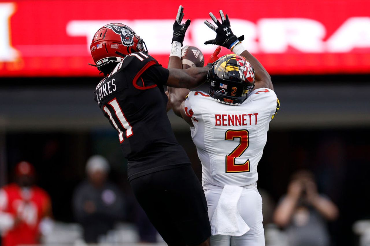 Maryland cornerback Jakorian Bennett intercepts a pass