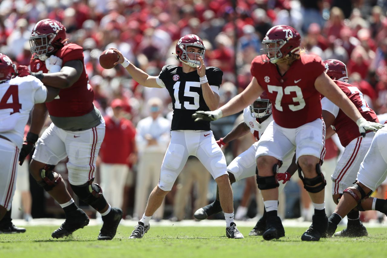 Alabama’s Ty Simpson suffers UCL sprain during A-Day, requires cast, father says