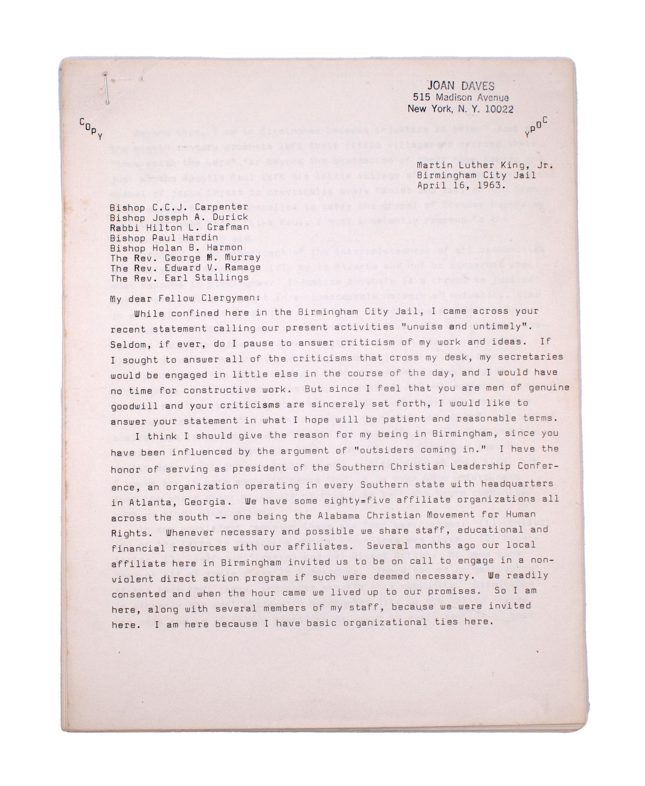 Early copy of MLK’s ‘Letter from Birmingham Jail’ up for sale