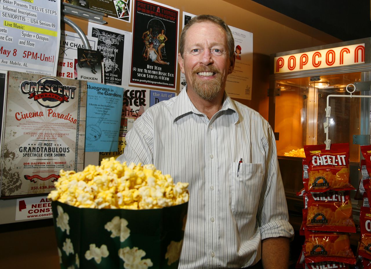 Max Morey has been a fixture at the Crescent Theater, sharing his passion for movies with patrons for 14 years. (Press-Register, Mary Hattler)