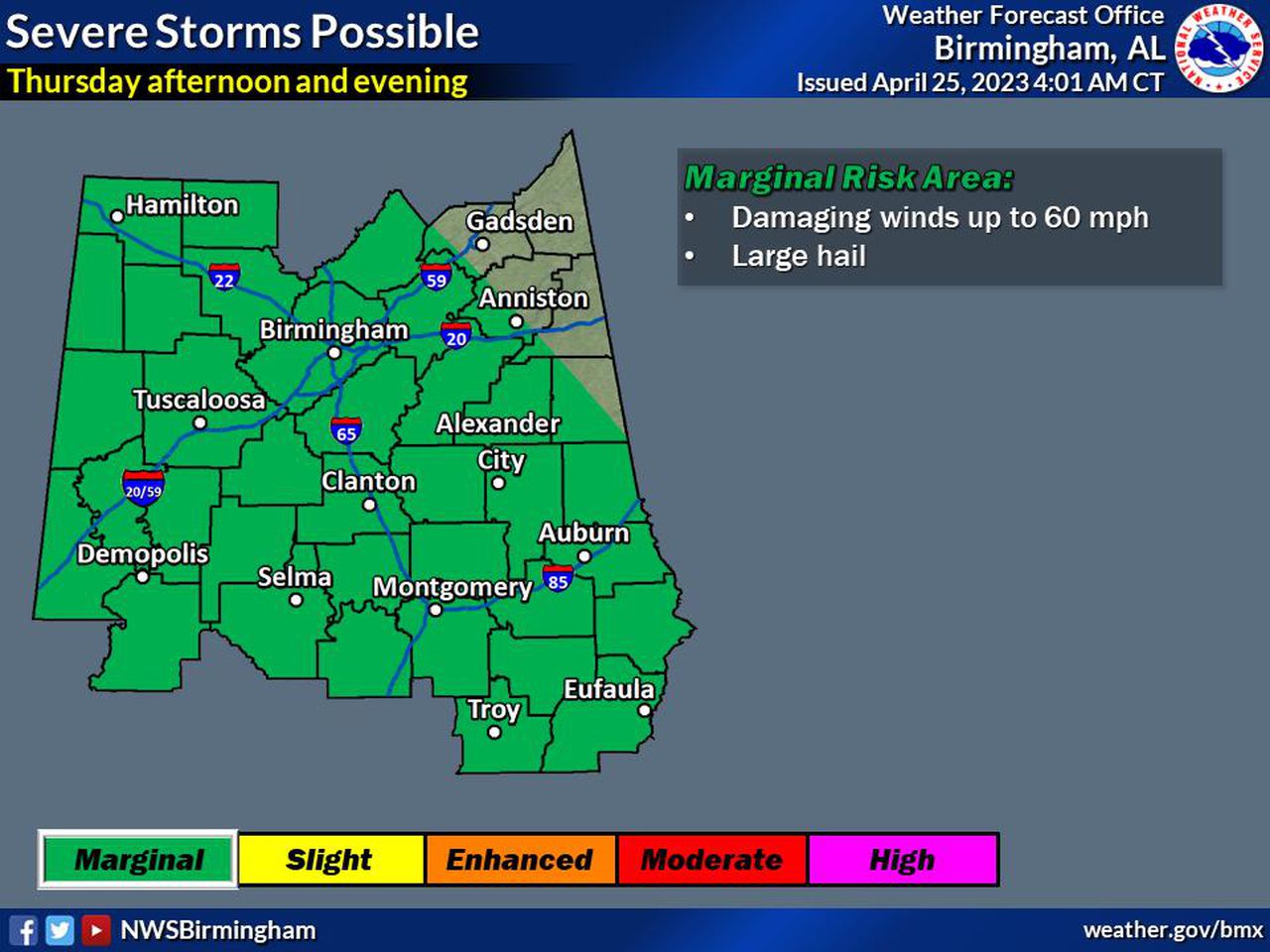 Level 1 risk for severe weather in Alabama on Thursday