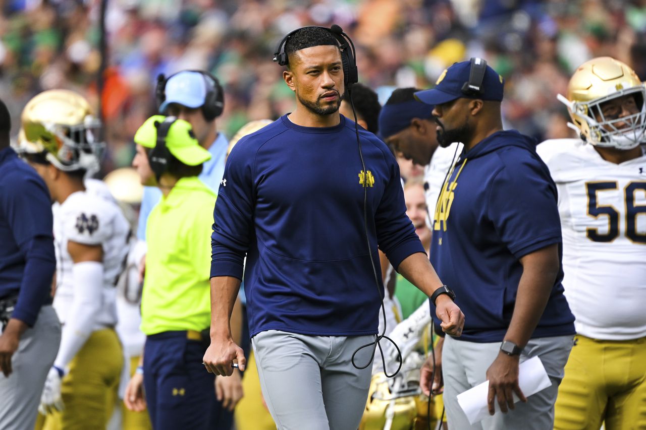 Notre Dame coach Marcus Freeman reacts to Tyler Buchner transferring to Alabama