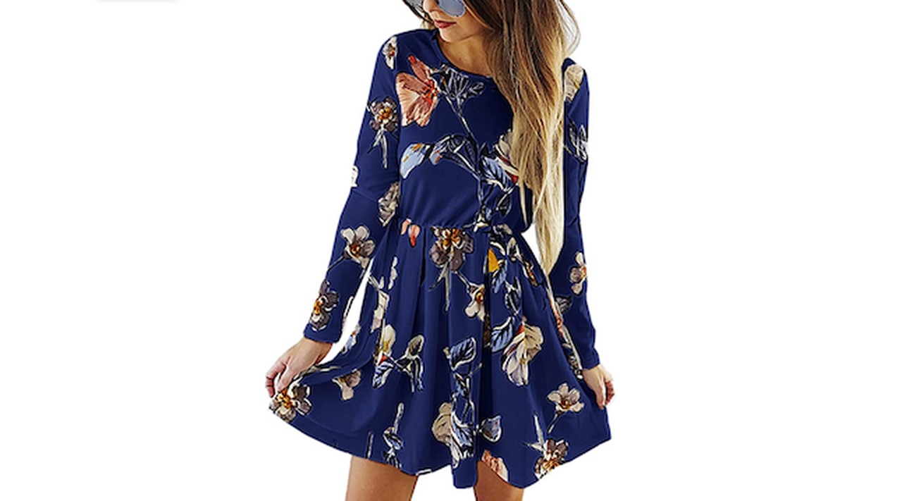 Angashion Women’s Floral Print Long Sleeve Mini Dress