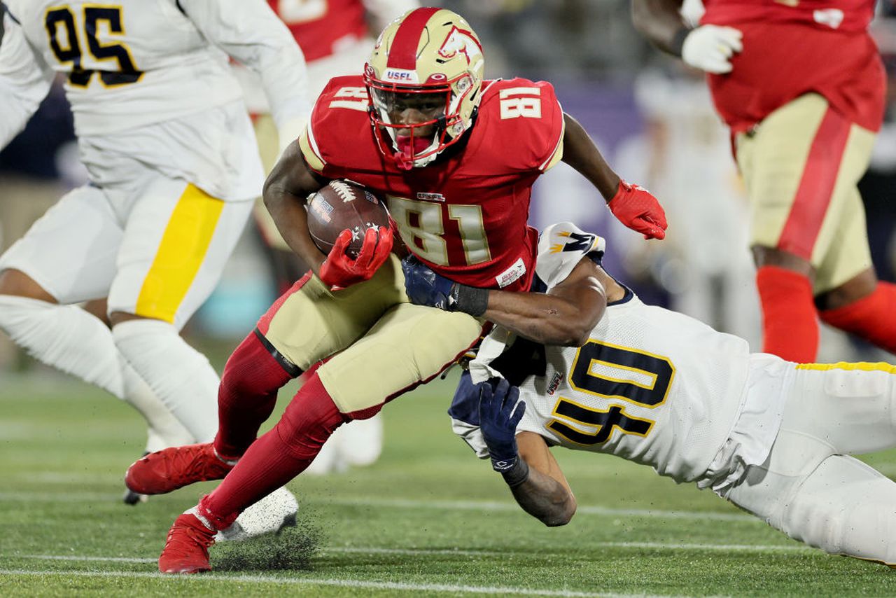 Birmingham Stallions wide receiver Myron Mitchell runs after catching the football