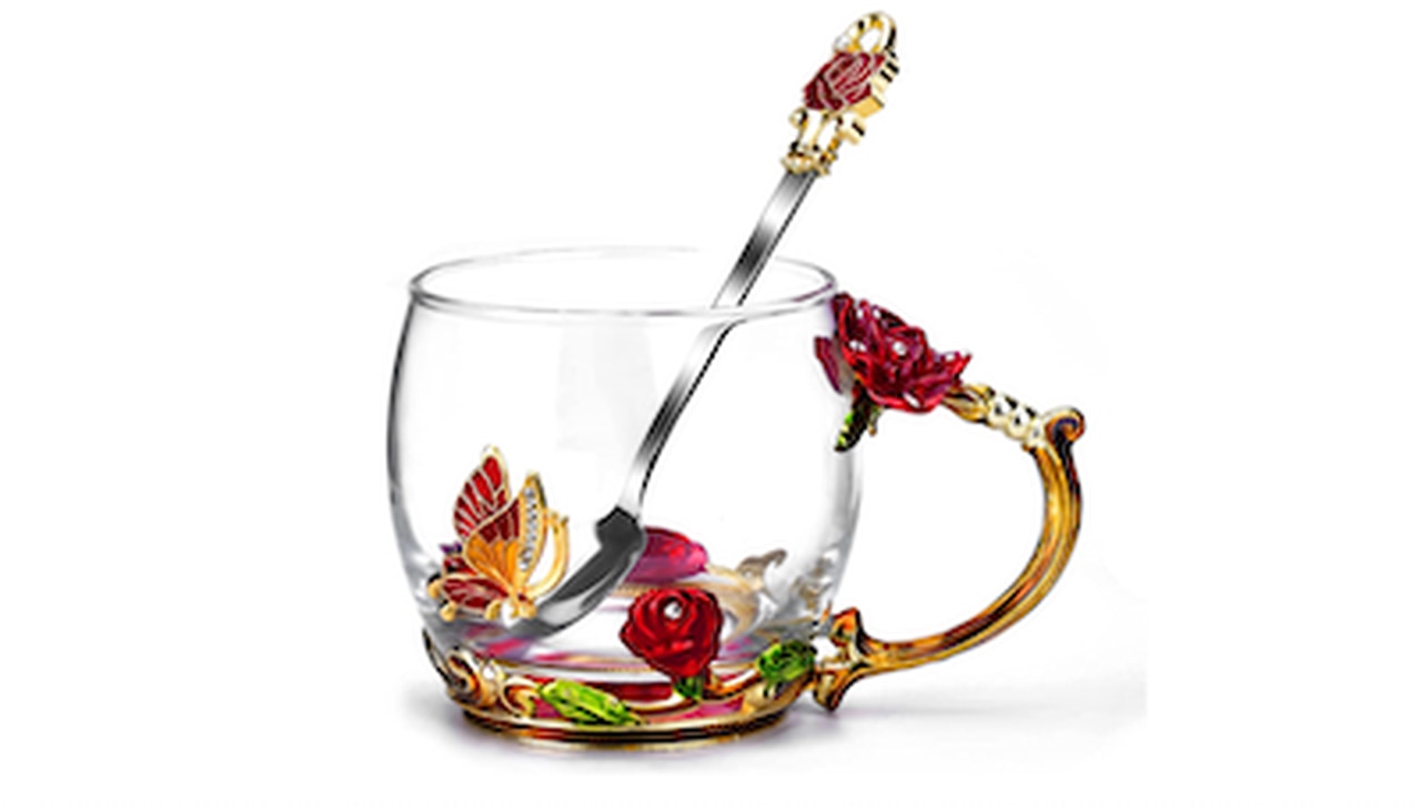 Butterfly Rose Glass Mug With Spoon Set