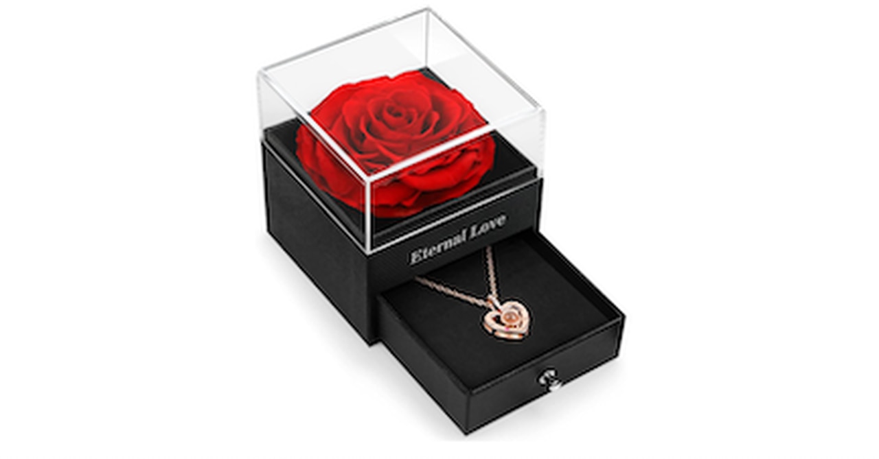 Preserved Real Rose with I Love You Necklace in 100 Languages