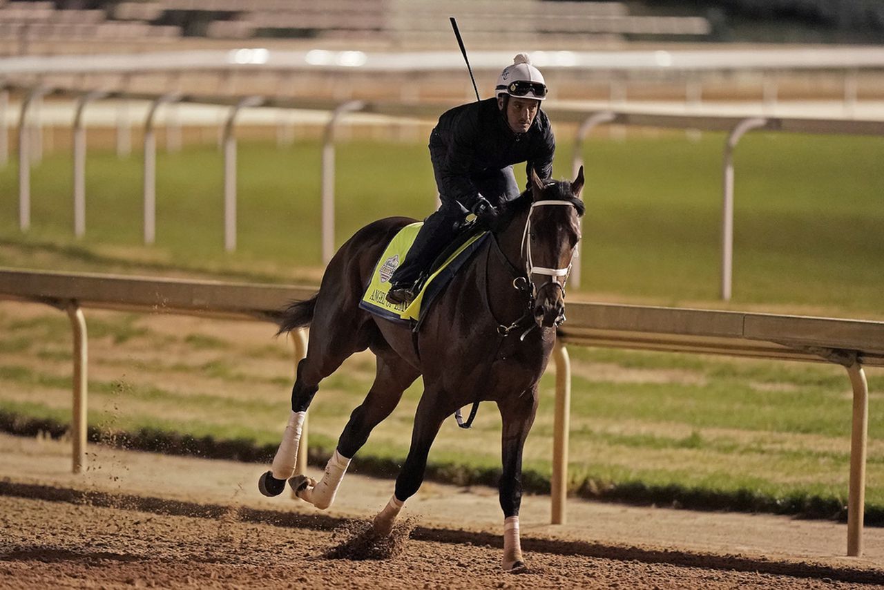 Angel of Empire works out at Churchill Downs on Tuesday, May 2, 2023, in Louisville, Ky.