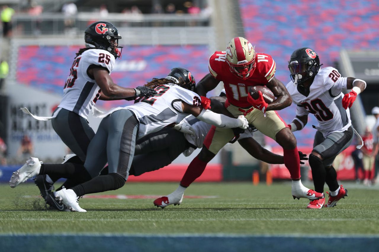 Birmingham Stallions wide receiver Austin Watkins runs after making a reception