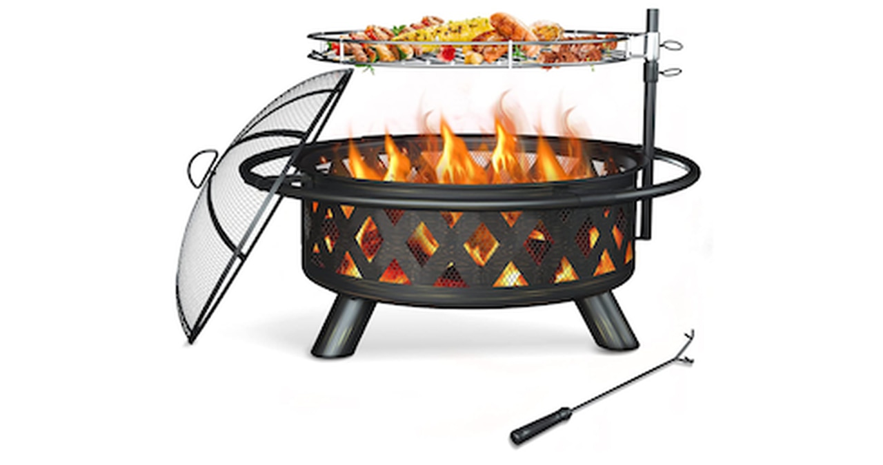 Backyard Firepit with Steel BBQ Grill Cooking Grate