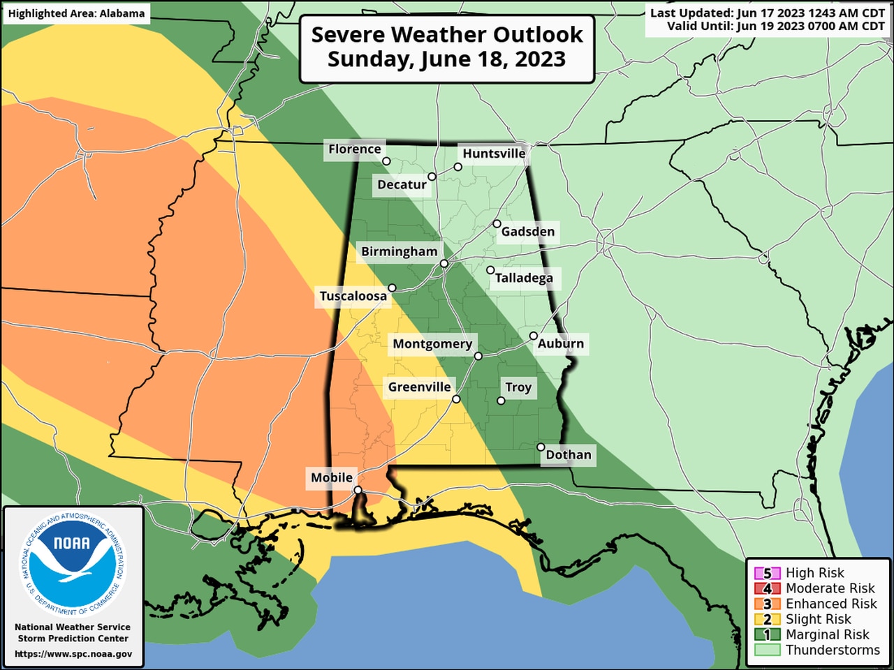 Level 2 severe weather risk again today for Alabama