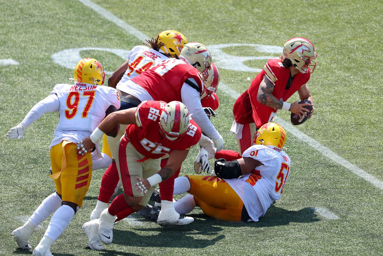 Philadelphia Stars defensive tackle LaBryan Ray (51) tackles Birmingham Stallions quarterback Alex McGough