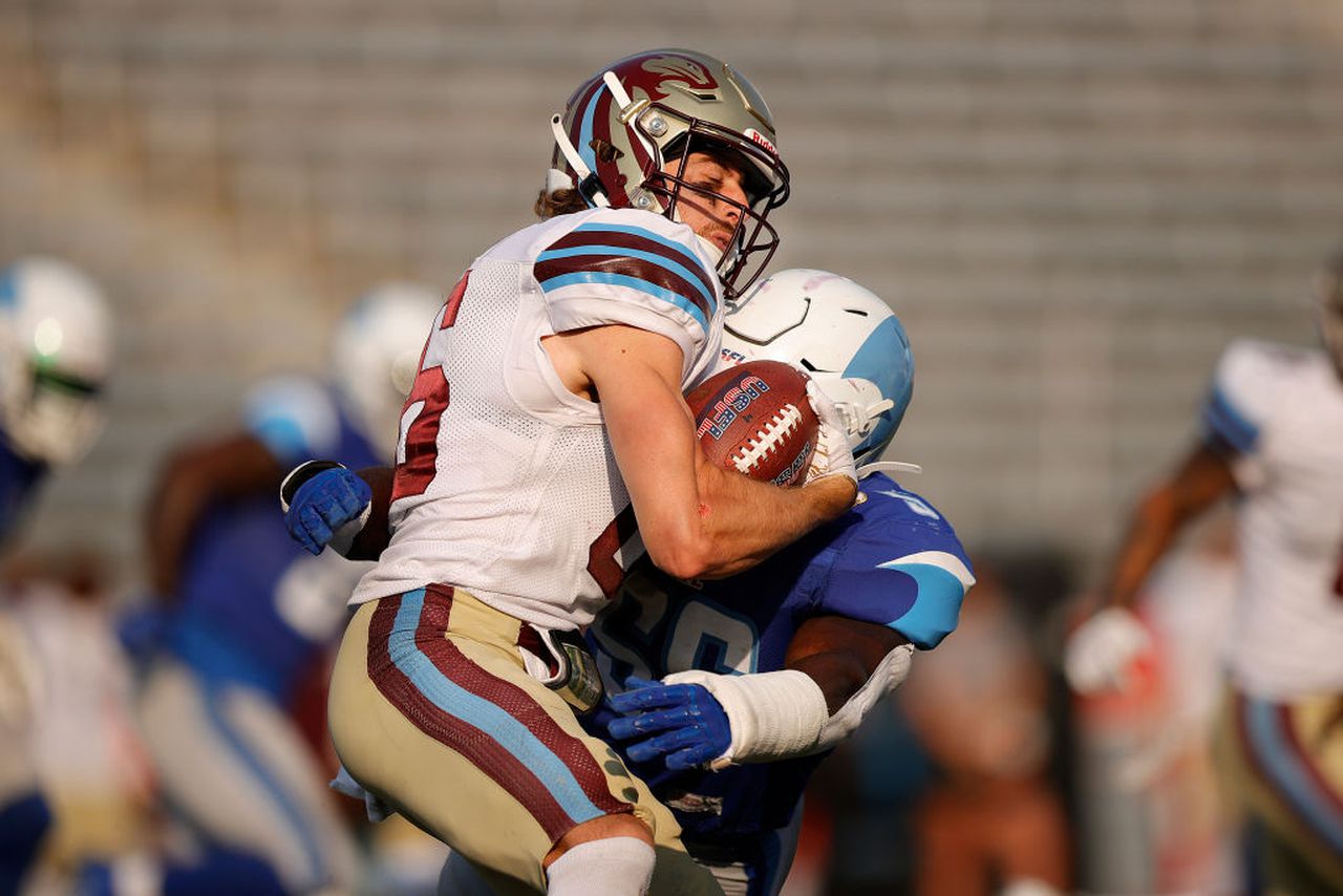 New Orleans Breakers linebacker Shaheed Salmon tackles Michigan Panthers wide receiver Kaden Davis