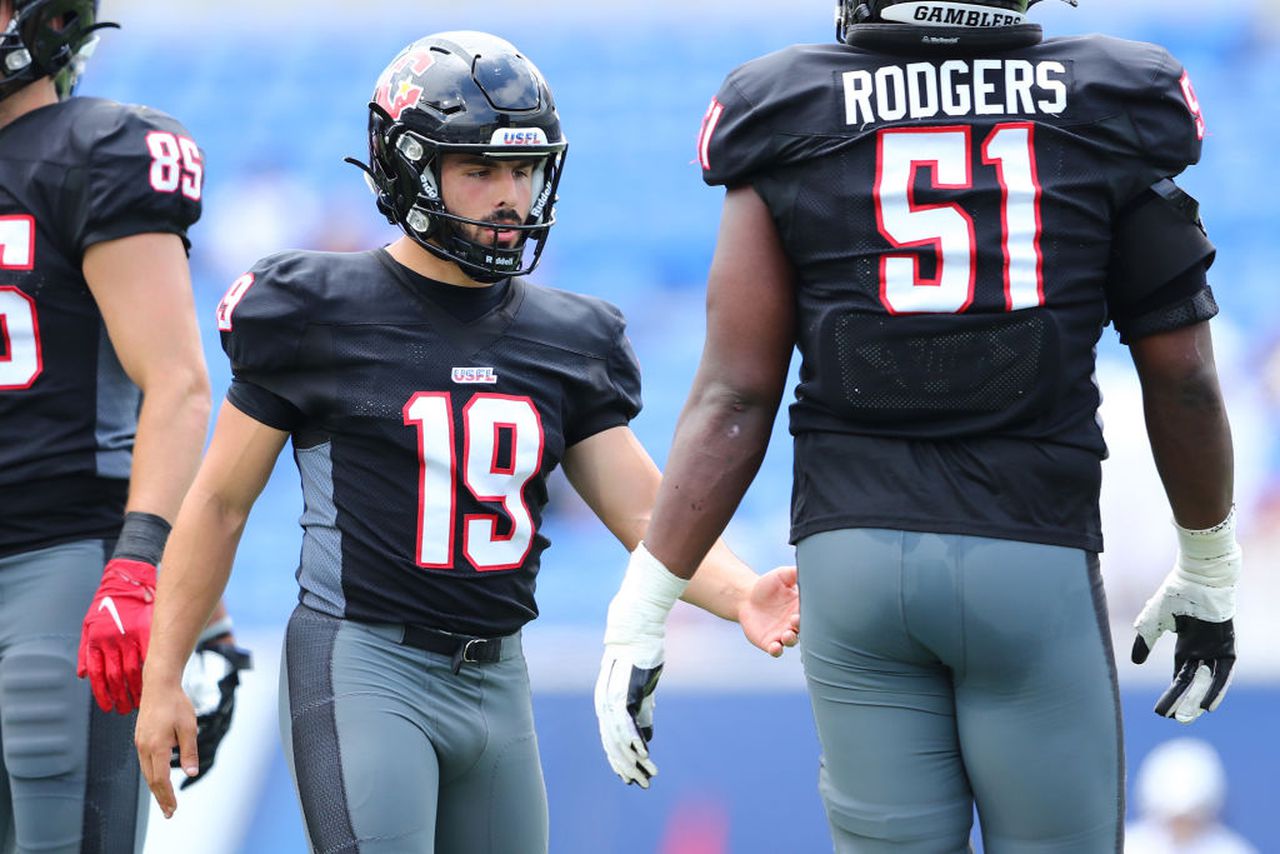 Houston Gamblers kicker Nick Vogel receives congratulations after making a field goal