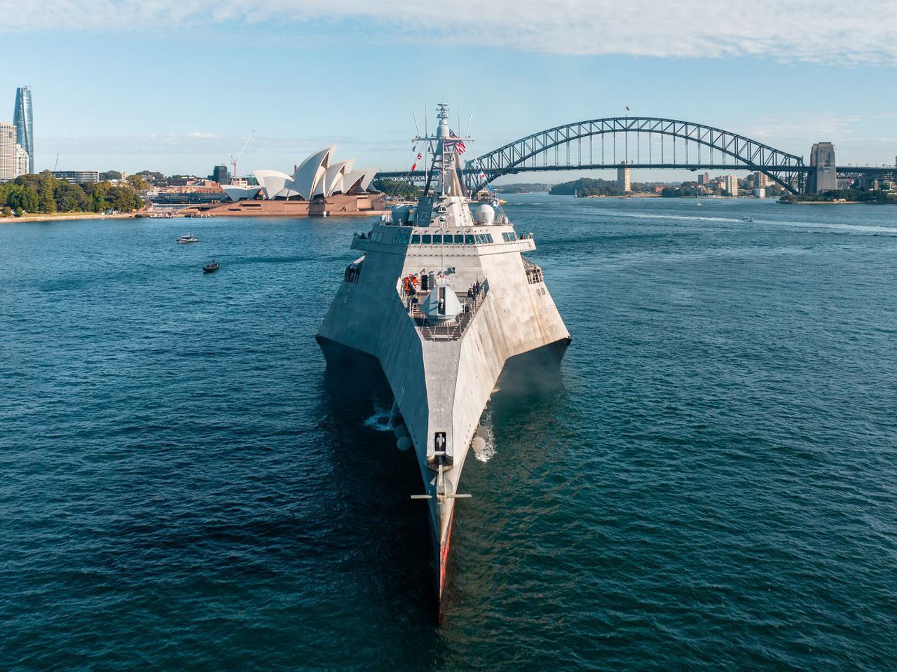 LCS-30, an Independence-class Littoral Combat Ship built in Mobile by Austal USA, is shown after its arrival in Sydney, Australia. The U.S. Navy held a commissioning ceremony on July 22, at which the ship officially entered service as the USS Canberra.