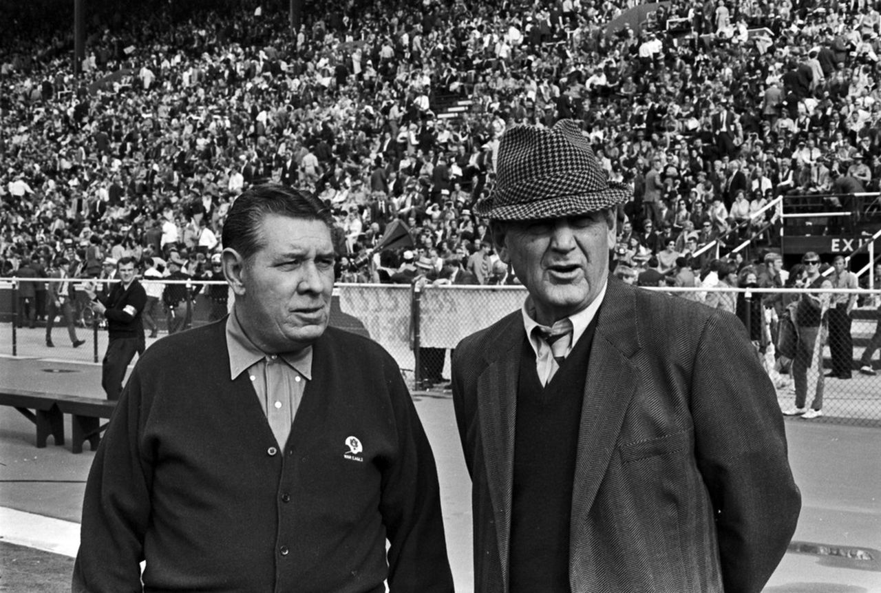 Coaches Shug Jordan and Bear Bryant at the 1970 Iron Bowl game at Legion Field in Birmingham, Alabama.