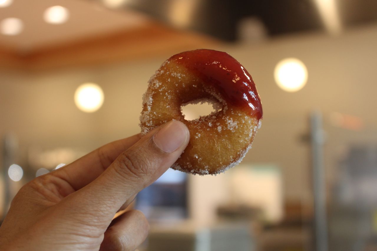 A lemon sugar doughnut with strawberry elderflower jam from Son's Donuts + Pops.