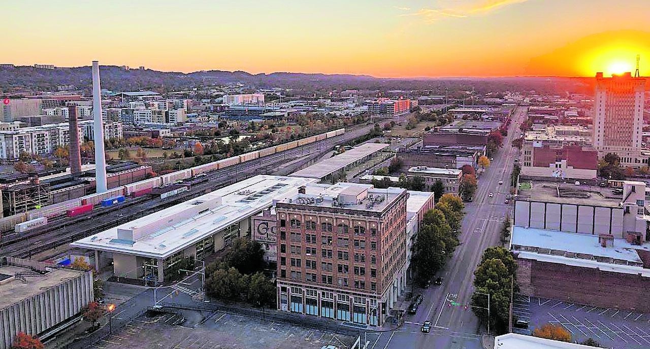 The Birmingham skyline at sunset, looking west from the roof of the Elyton Hotel downtown, on Dec. 21, 2021.