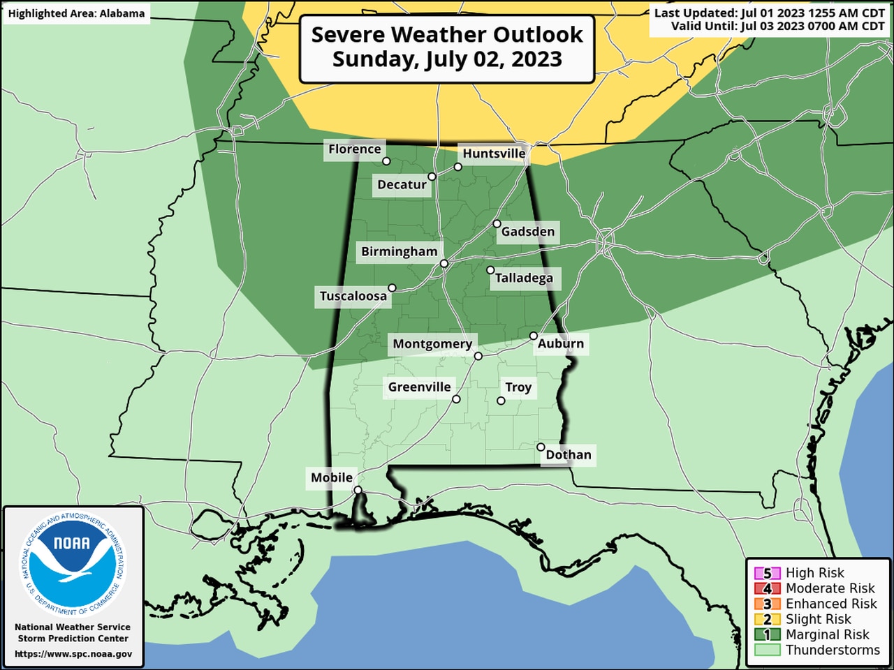 Level 2 risk for severe weather in Alabama on Saturday