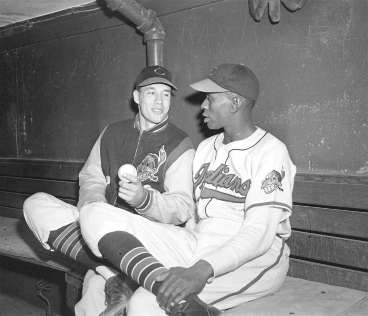 Cleveland Indians pitchers Satchel Paige and Bob Feller