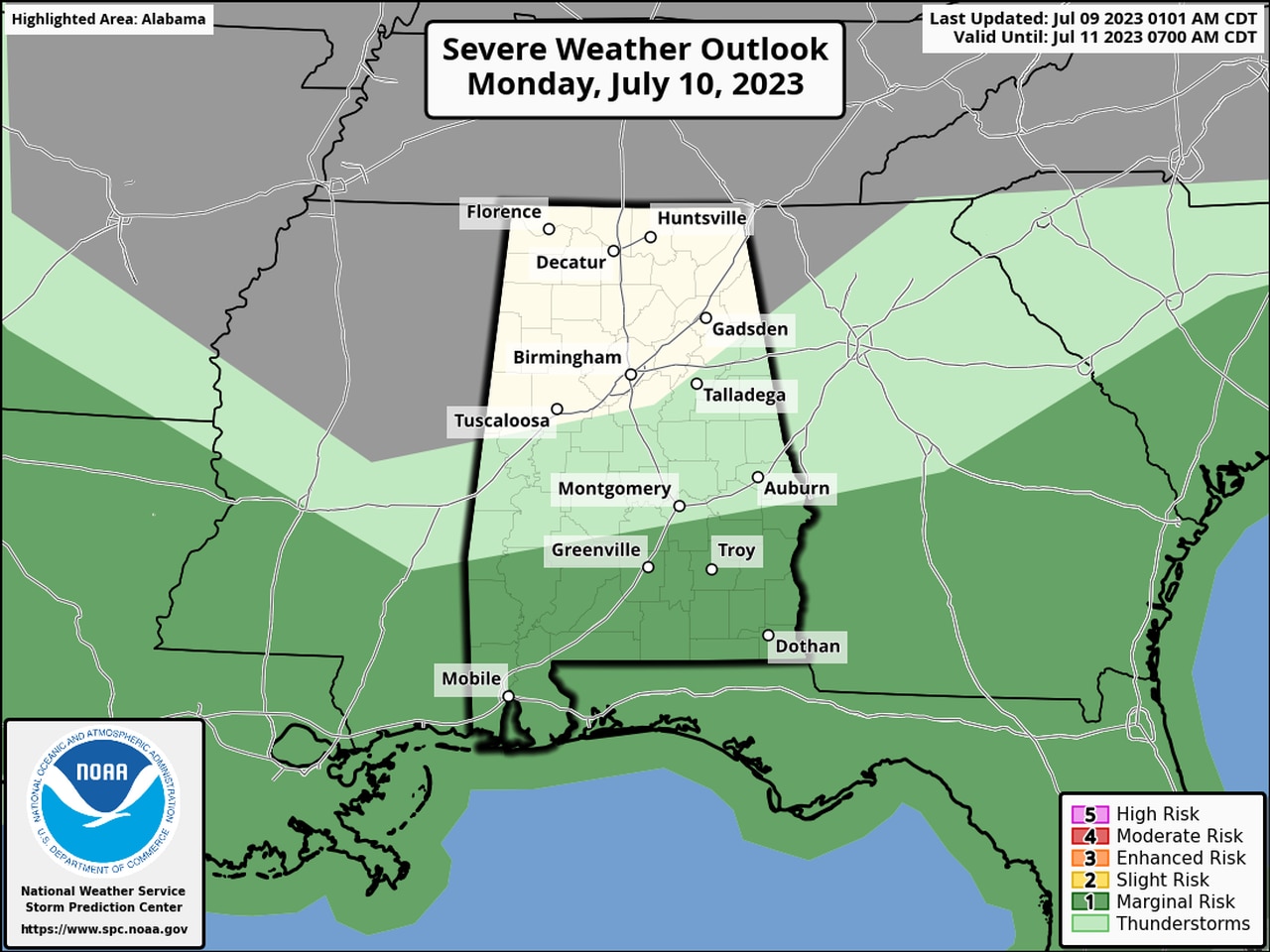 Scattered severe storms possible Sunday in Alabama