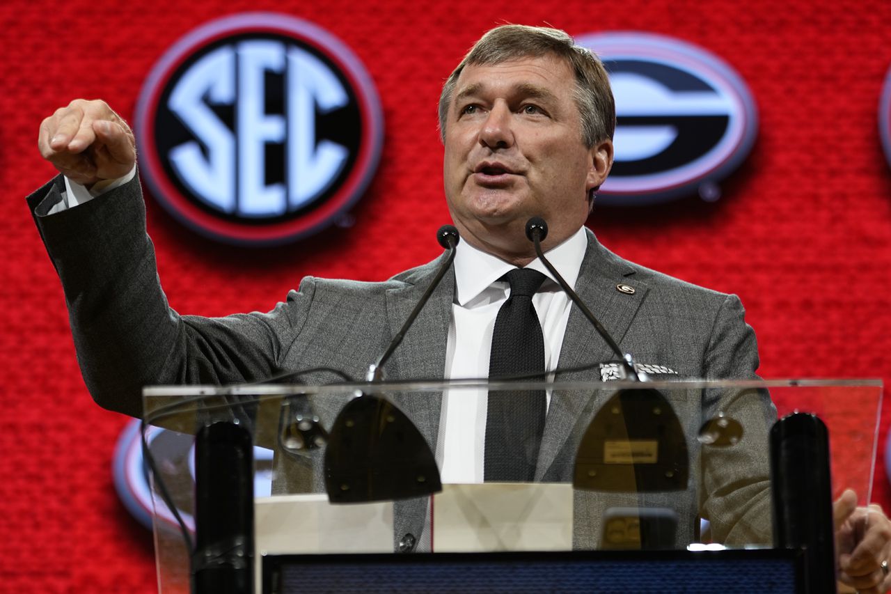 FILE - Georgia head coach Kirby Smart speaks during NCAA college football Southeastern Conference Media Days, Tuesday, July 18, 2023, in Nashville, Tenn. Will two-time defending champion Georgia start No. 1 for only the second time in school history? (AP Photo/George Walker IV, File)