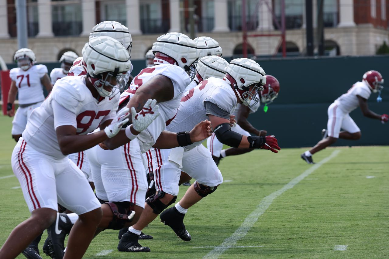 Alabama is practicing in pads. Which side of the ball is more excited?