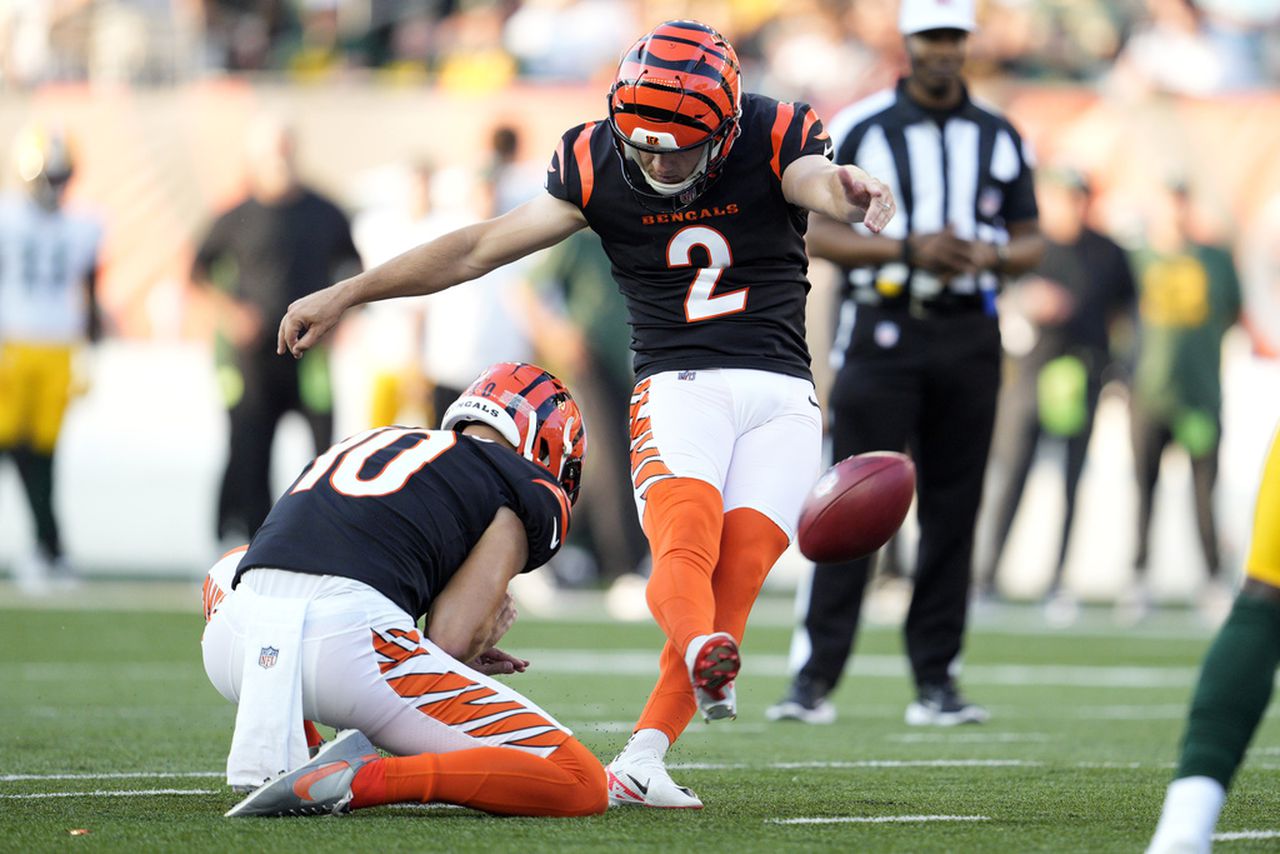 The Cincinnati Bengals’ Evan McPherson kicks a field goal