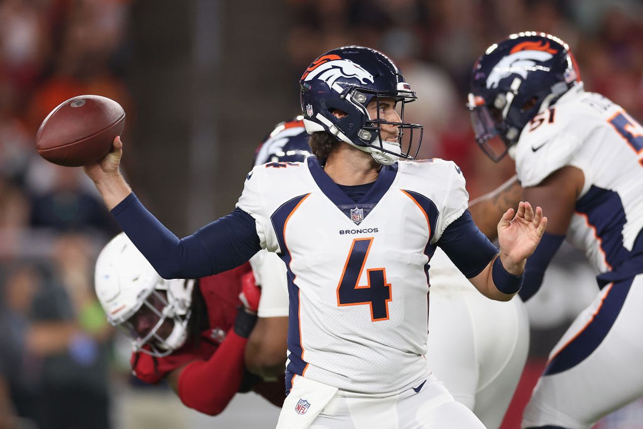 Denver Broncos quarterback Jarrett Stidham passes