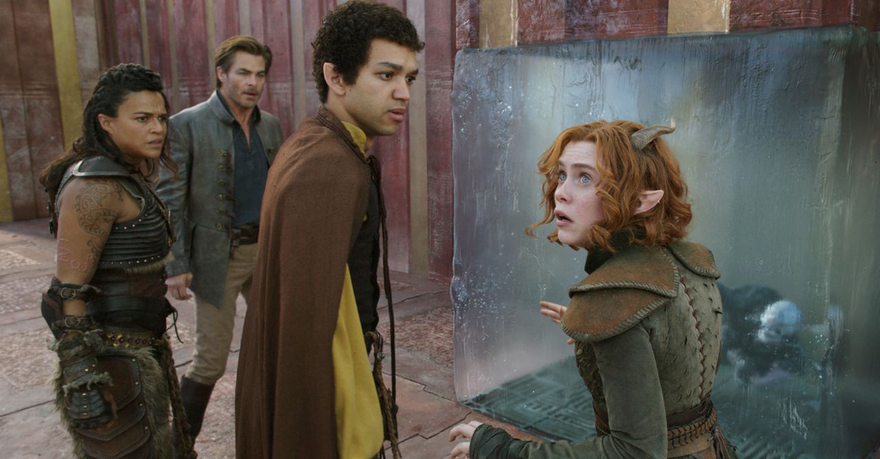 Michelle Rodriguez, from left, Chris Pine, Sophia Lillis and Justice Smith