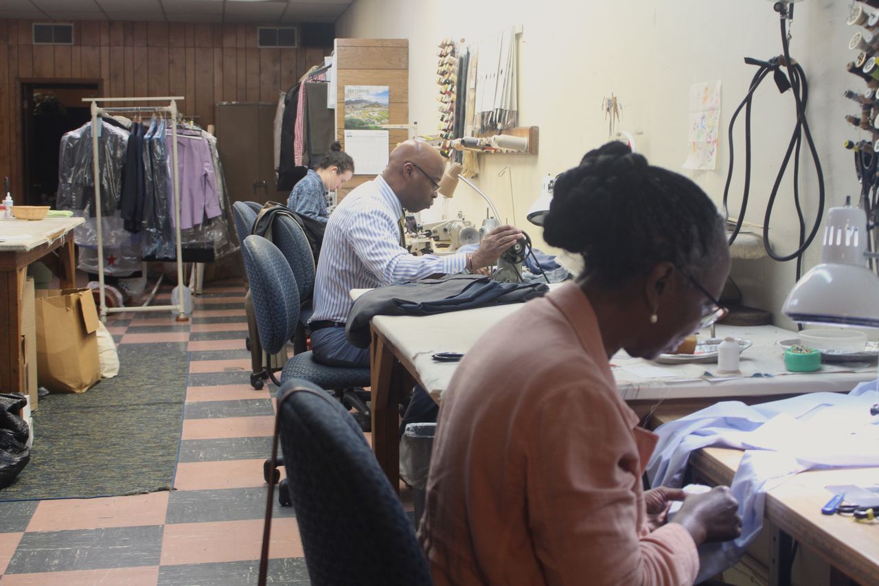 The work room at Robert Hill Custom Tailors