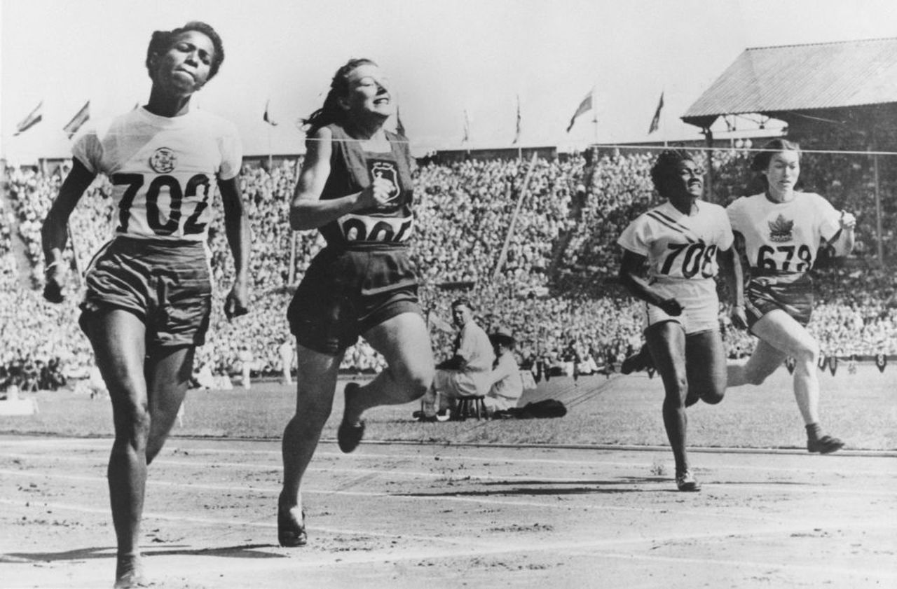 Competitors running in the fourth heat for the women’s 100-meter dash include (from left) Cynthia Thompson of Jamaica, Daphne Robb-Hasenjager of South Africa, Mabel Walker of the United States and Millie Cheater of Canada on July 31, 1948,