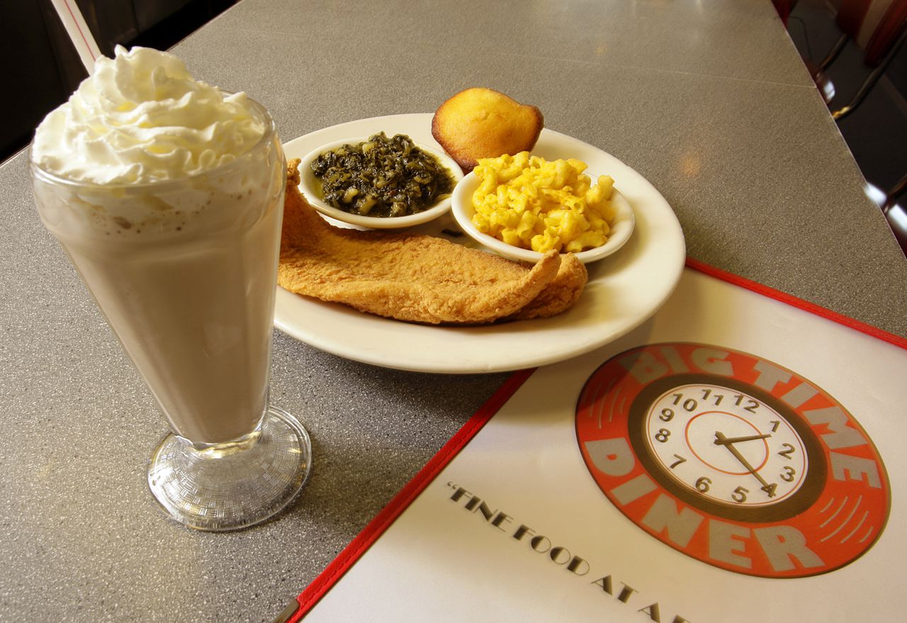 A chocolate Shake with a Fried Fish blue plate dinner at the Big Time Diner.