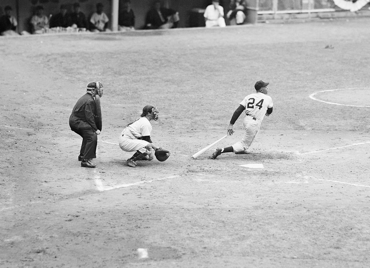 New York Giants center fielder Willie Mays connects during Game 1 of the World Series