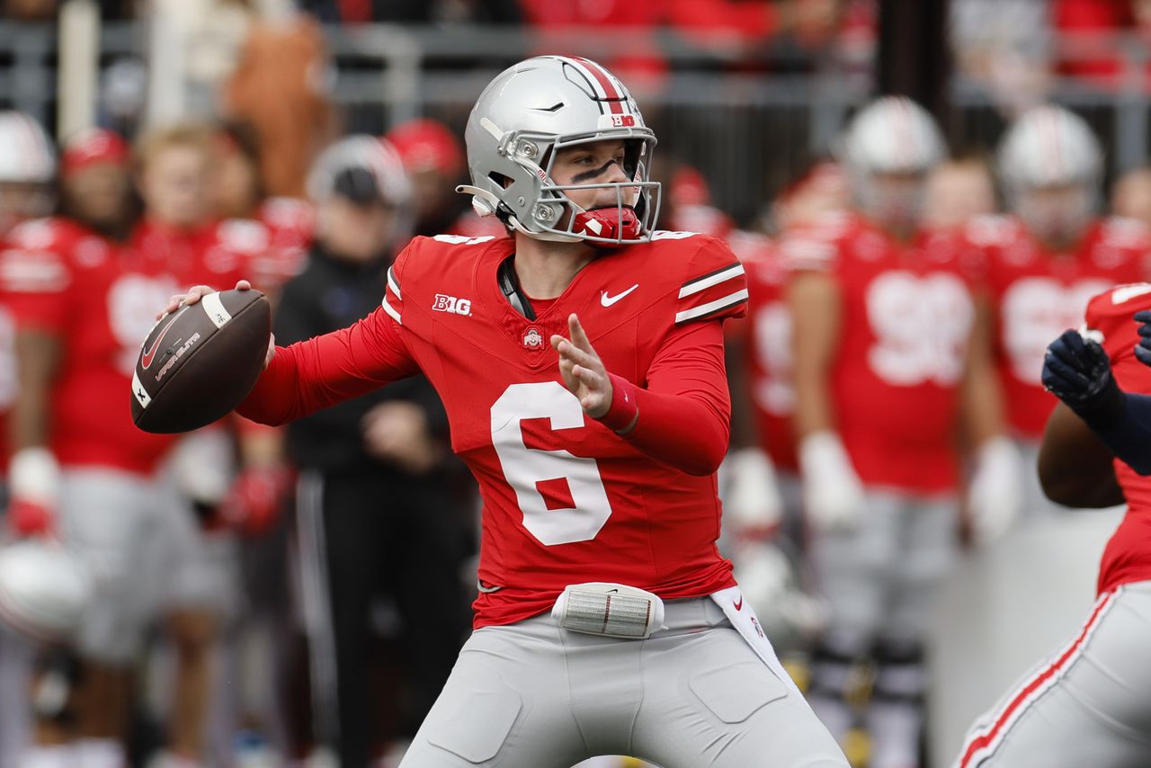 Ohio State quarterback Kyle McCord drops back to pass against Penn State during the first half of an NCAA college football game Saturday, Oct. 21, 2023, in Columbus, Ohio.