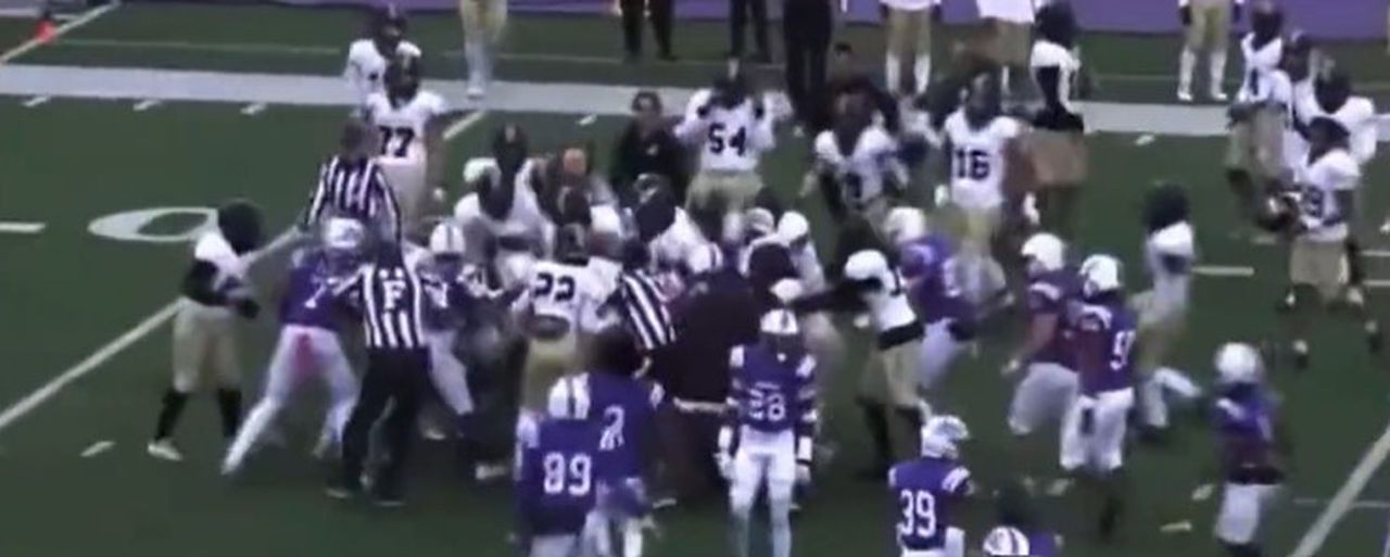 Bench-clearing brawl, which includes blindside hit and kick to head, ends college game